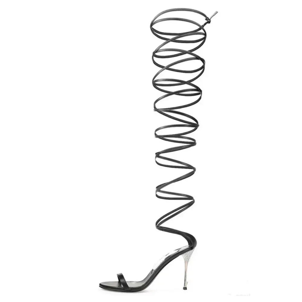 

2023 Women's Summer Fashion Sexy Rhinestone Slim High Heel Denim Lace Sandals European And American Nightclub Catwalk Shoes