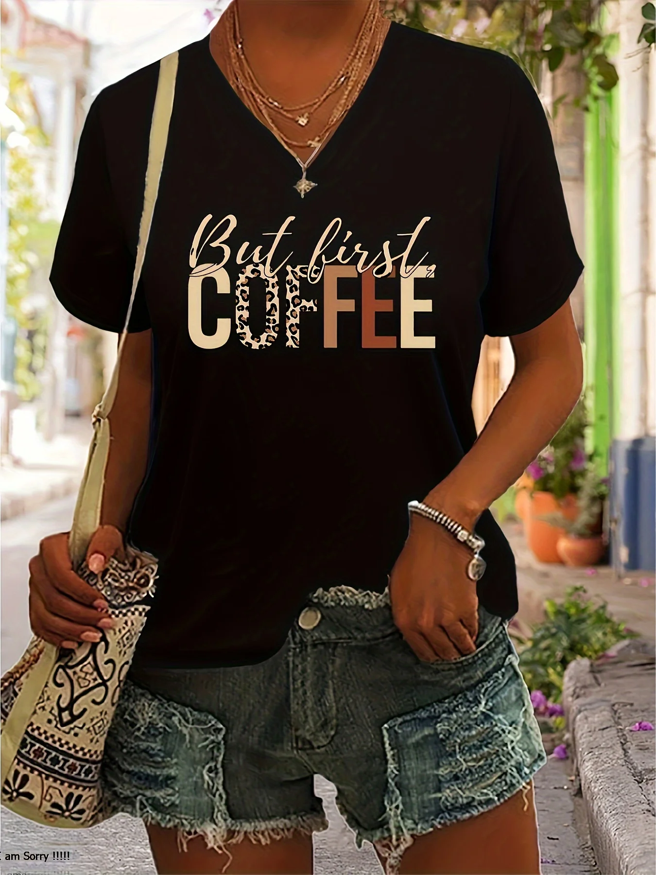 Women's casual coffee print T-shirt, short-sleeved V-neck knit top, 95% polyester and 5% elastane blend, letter pattern, suitable for regular lengths in spring, summer and fall