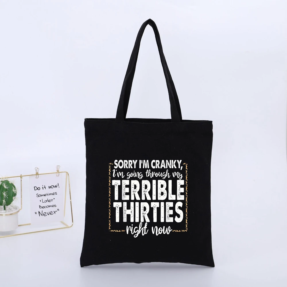 Slogan-Style Graphic Black Canvas Tote Bag, Casual Daily Shopping and Urban Outings