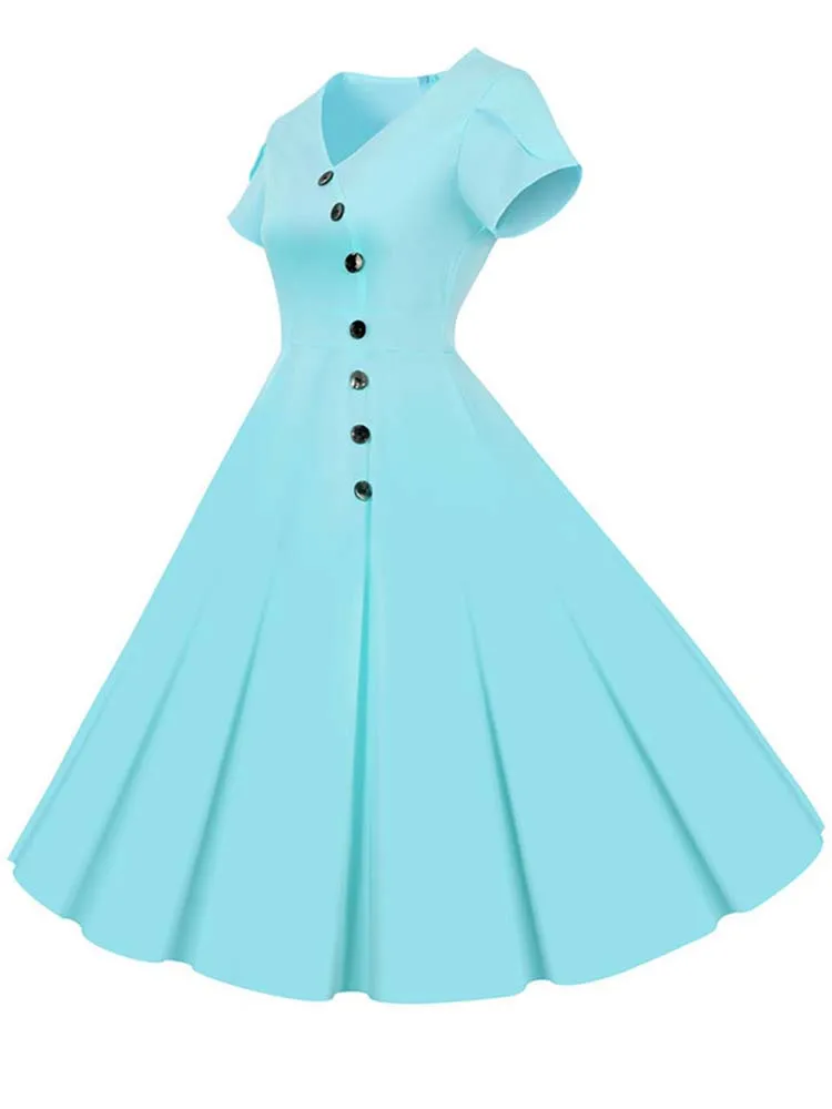 Women\'s Solid Color V-Neck Midi Dress Casual Vintage Retro Party Sundress Elegant Summer Robe