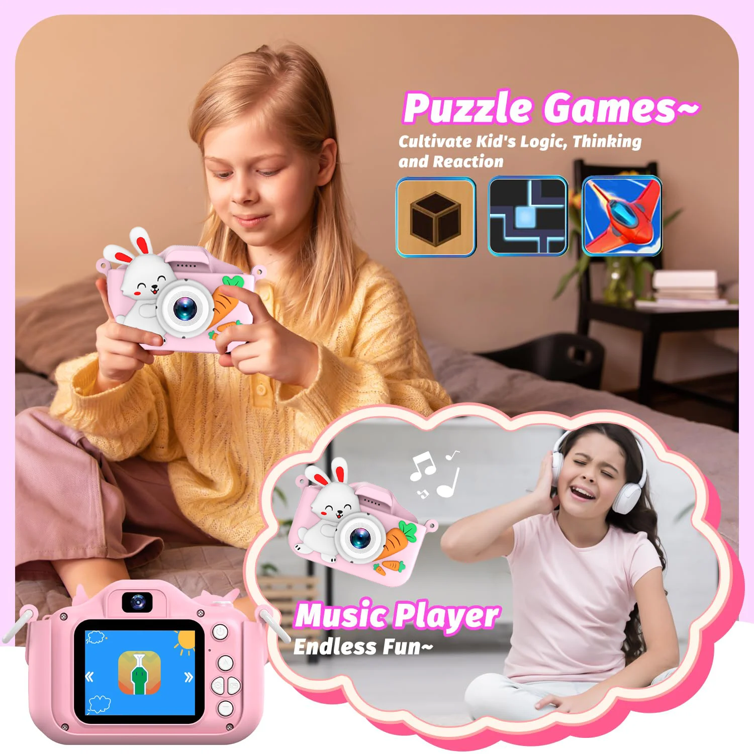 Caméra pour enfants, double caméra, HD 1080P, 48MP avec enregistrement vidéo Cadeau d'anniversaire parfait pour les enfants Idéal Noël, Halloween ou Bir