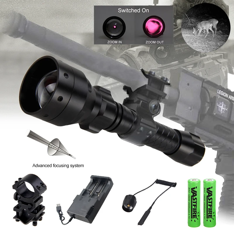 

T50 IR850nm 940nm Night Hunting Flashlight 1 Mode Rifle Scope Tactical Torch USB Rechargeable Infrared Radiation Gun Mount Light