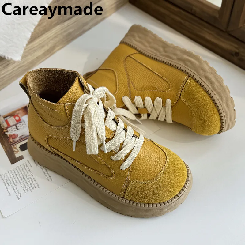 

Careaymade-Genuine Leather wider Women's Boots candy color comfortable soft sole boots cowhide ugly cute thick sole women shoes