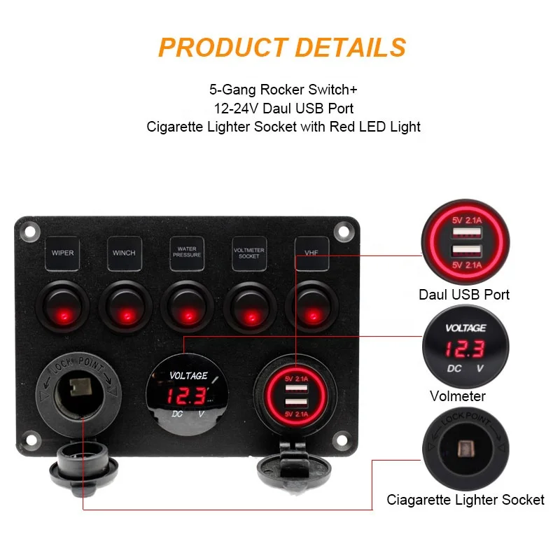 （1 Pack）2 USB Socket Charger 4.2A Red LED Voltmeter 12-24V Power Outlet 5 Gang ON-OFF Car Toggle Switch Multi Functions Panel