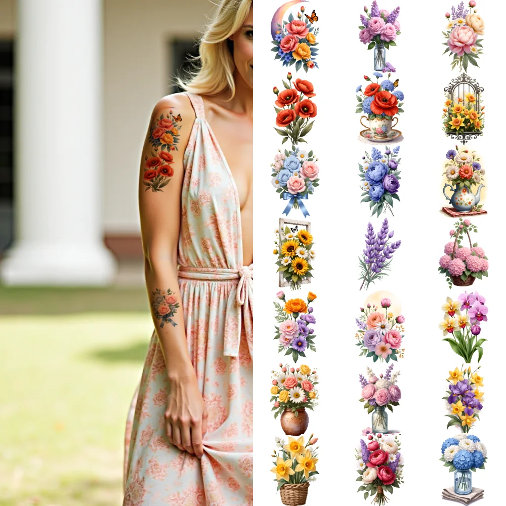 

28pcs Temporary Tattoo Botanical Design Illustration Flower Bouquet Vintage Floral Temporary Tattoo Stickers For Arms