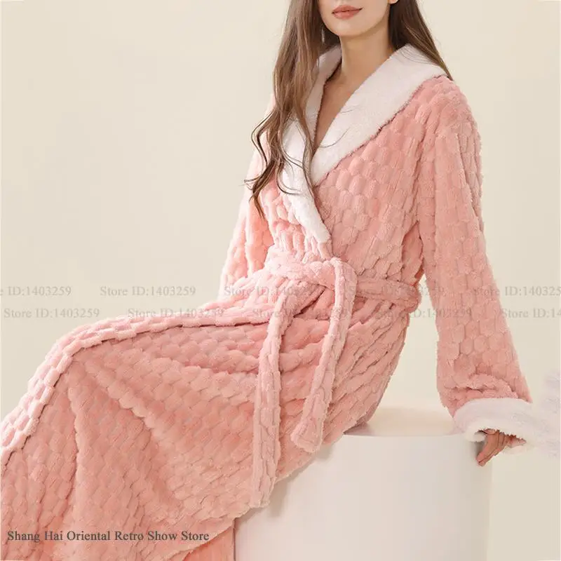

Thicken Pink Flannel Bathrobe Kimono Gown Autumn Winter New Female Sleepwear Long Robe Home Dress Warm Coral Fleece Lounge Wear