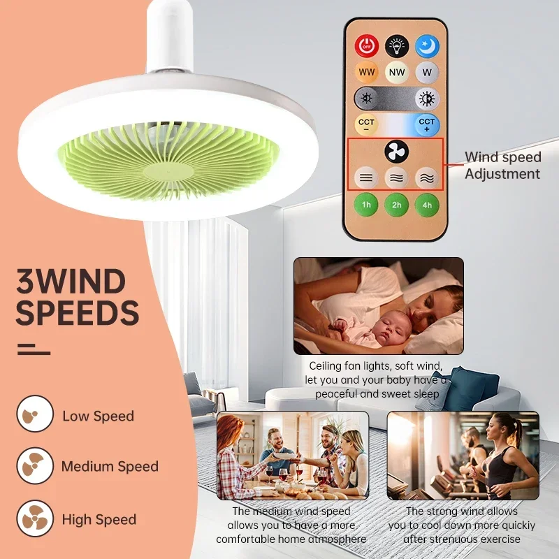 Silenciosa Ventilador de Teto LED com Controle Remoto e Iluminação, Alto Brilho, Inteligente, Quarto, Sala de Estar, E27, 50W