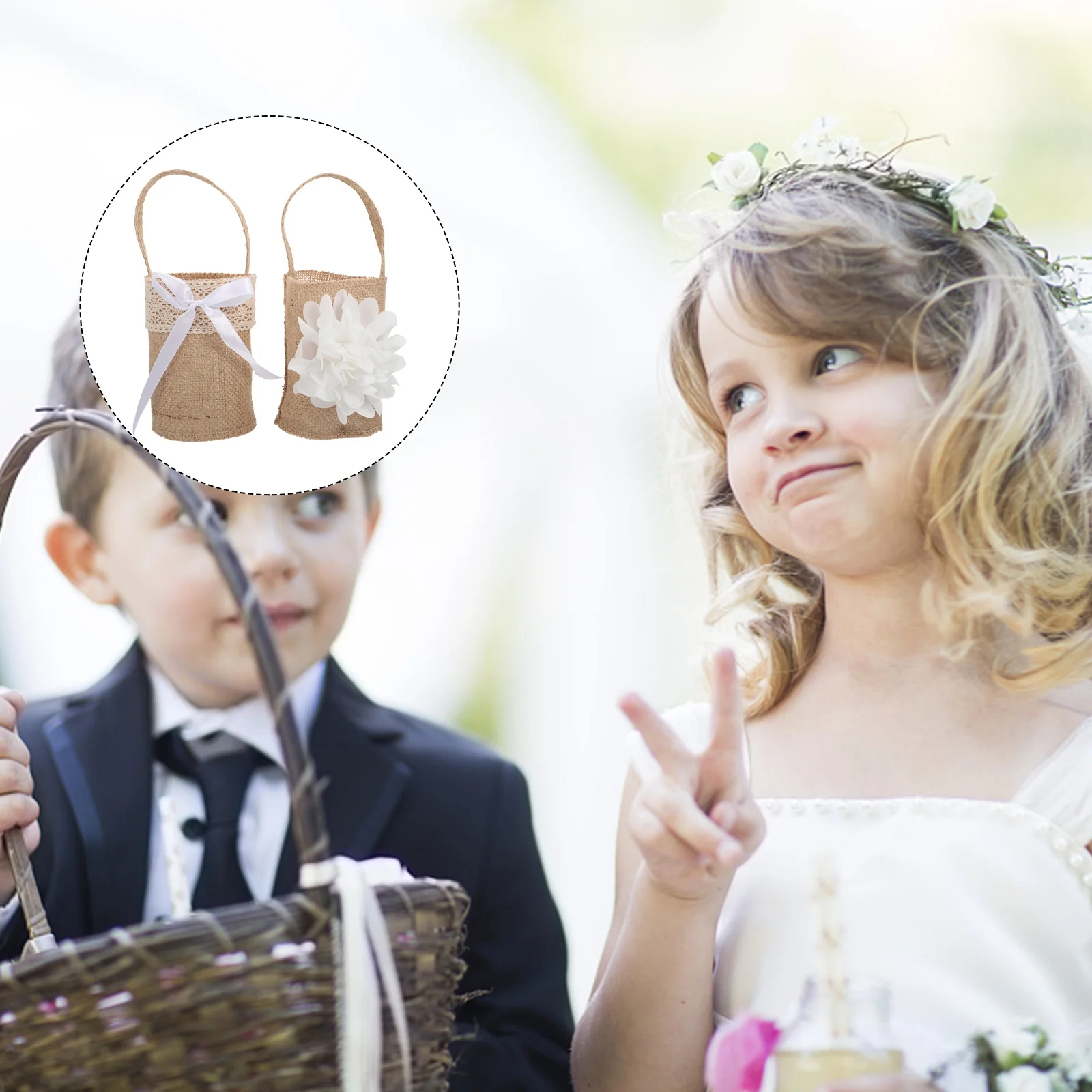 

2pcs Wedding Flower Girl Rustic Burlap Baskets for Favors Decor Gifts Child Elegant Satin Flowers Bows Storage Romantic