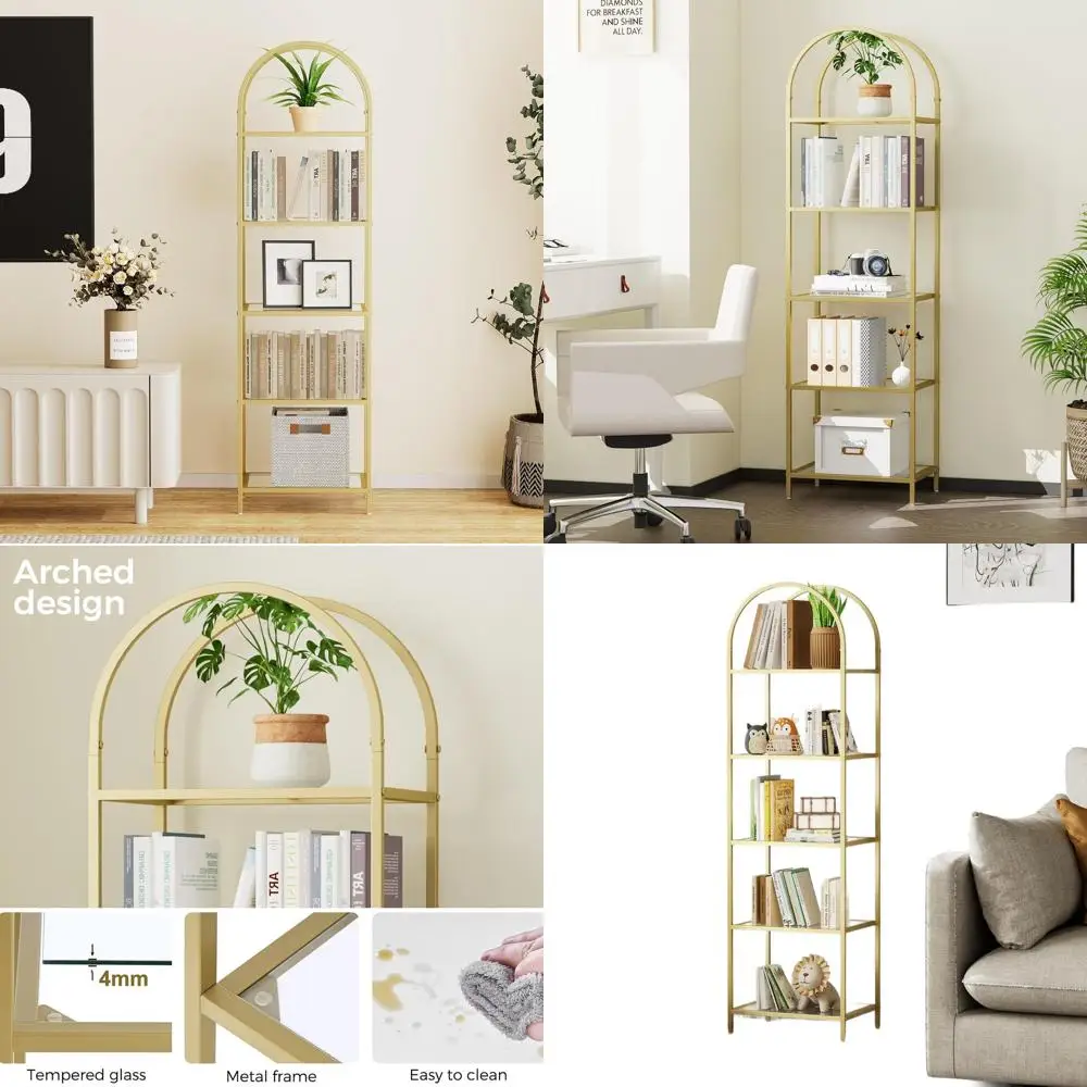 

Modern Arched Metal Bookshelf with Tempered Glass Shelves for Home, Office, and Bathroom (Golden, 11.8x13.8x57.1)