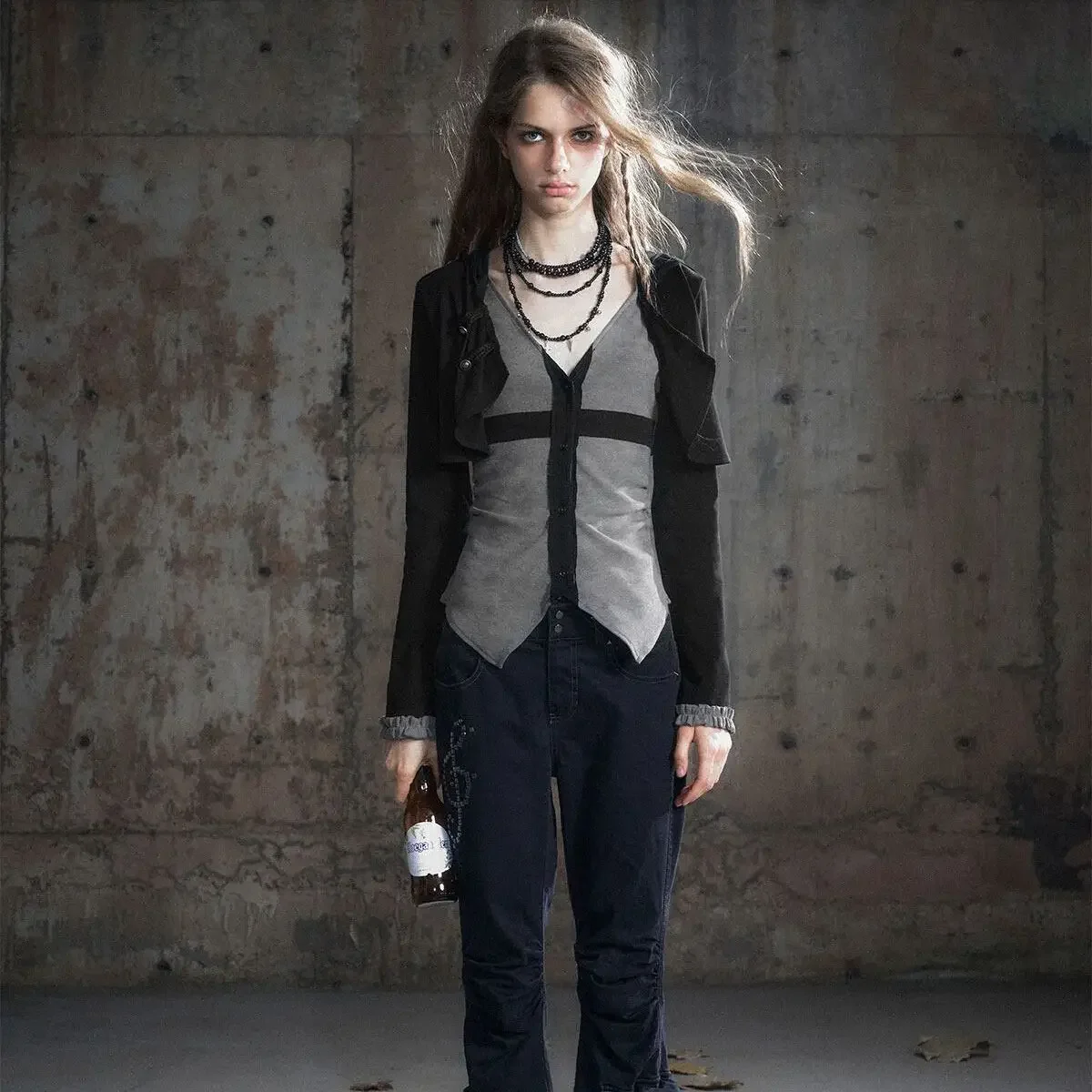 CestNous Original Vintage Autumn Knitted Faux 2pc Top Y2K Subculture Punk Slim Pullovers Cross Punk Short Outer Hooded Shirt