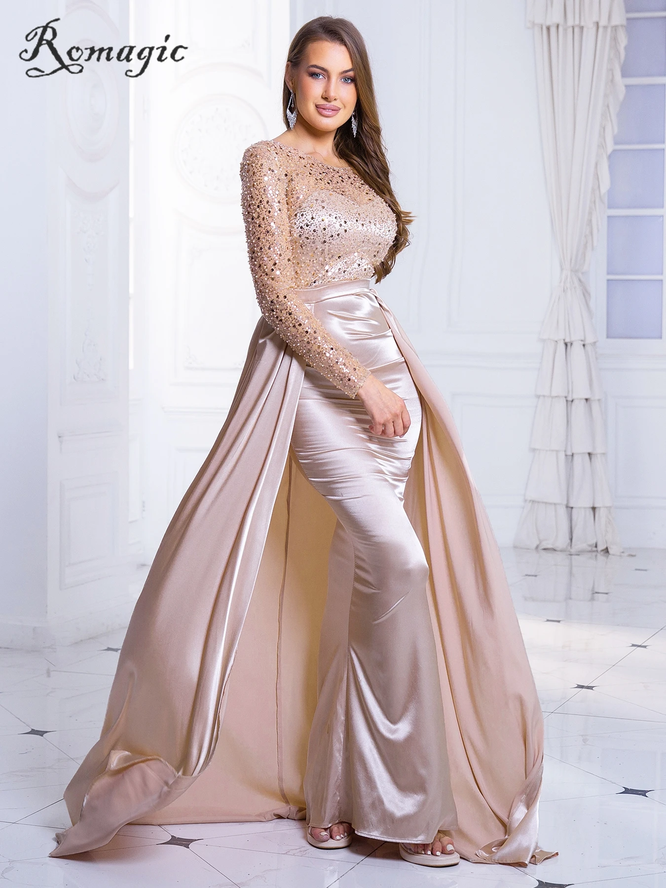 Romagic Modest O Neck Full Sleeve Exquisite Evening Prom Dress Sequin Pearls With Long Train Gold Women Wedding Party Gown