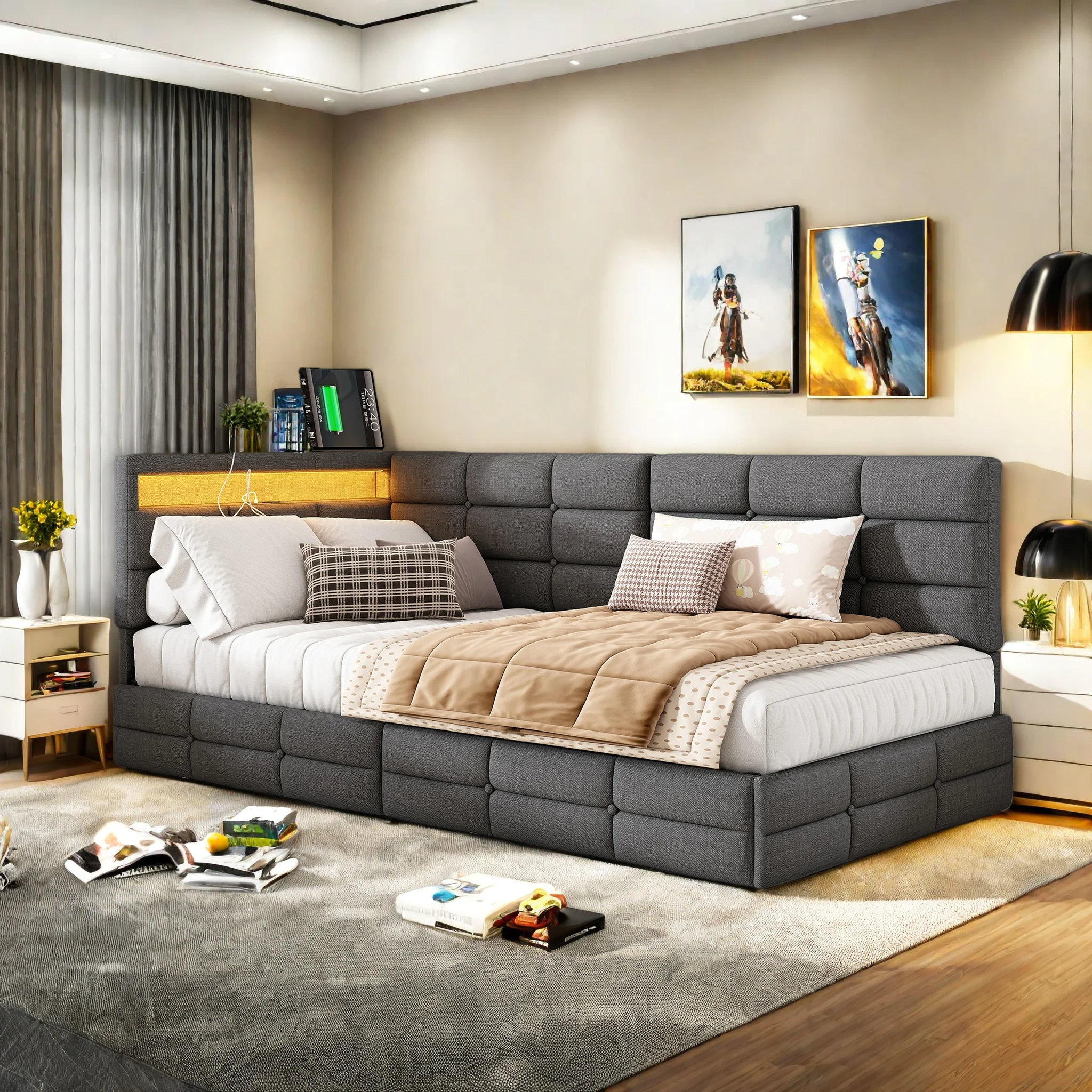 Cama Individual Comanlai con Cabecera en Forma de L Tapizada en Lino, Iluminación LED, Puertos de Carga y Dos Cajones de Almacenamiento
