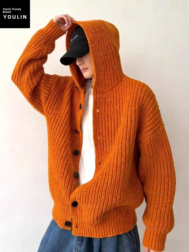 

Оранжевый американский свитер-кардиган с капюшоном, вязаный, в стиле ретро, для мужчин, высококачественный, для многослойного ношения