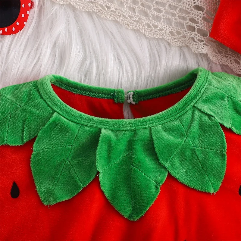 Toddler Baby Girls Strawberry Costume Christmas Halloween Strawberry Romper Fleece Leaf Trim Sleeveless Strawberry Romper Hat