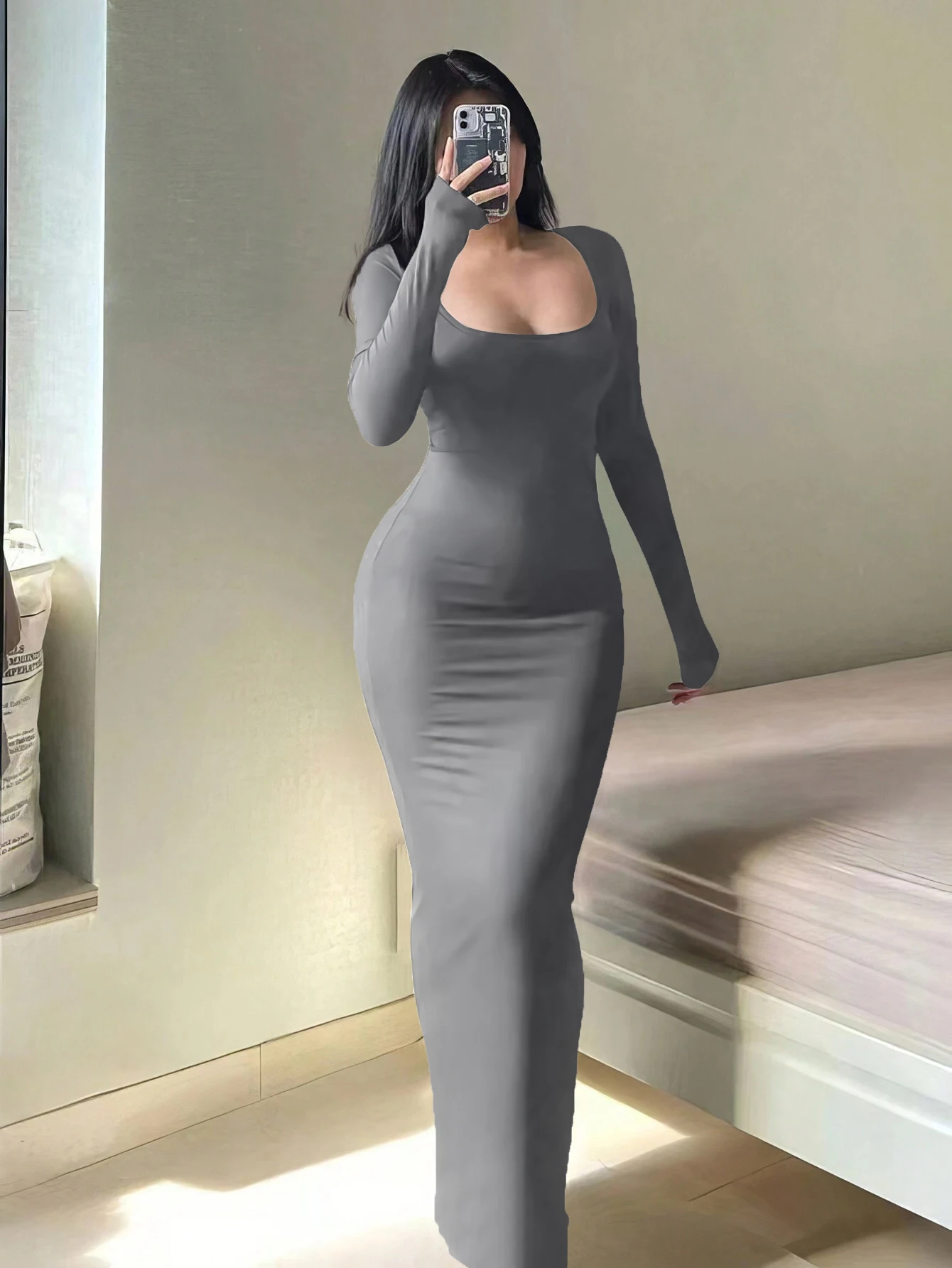 Effen bodycon-jurk met lange mouwen voor dames, chique basic minimalistische casual mode lange jurk met ronde hals, dameskleding