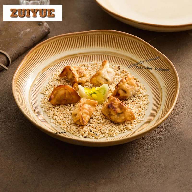 HOYIHM Kiln Fambe Ribbed Soup Plate New Household Salad Plate Fruit Plate Retro Ceramic Plate Creative Serving Plate Tableware