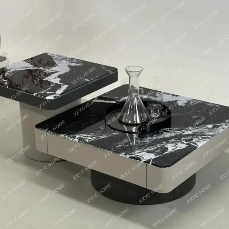 Living Room Smoked Wood Veneer Painted Super Crystal Stone Large and Small Round Coffee Table Side Table Combination TV Cabinet