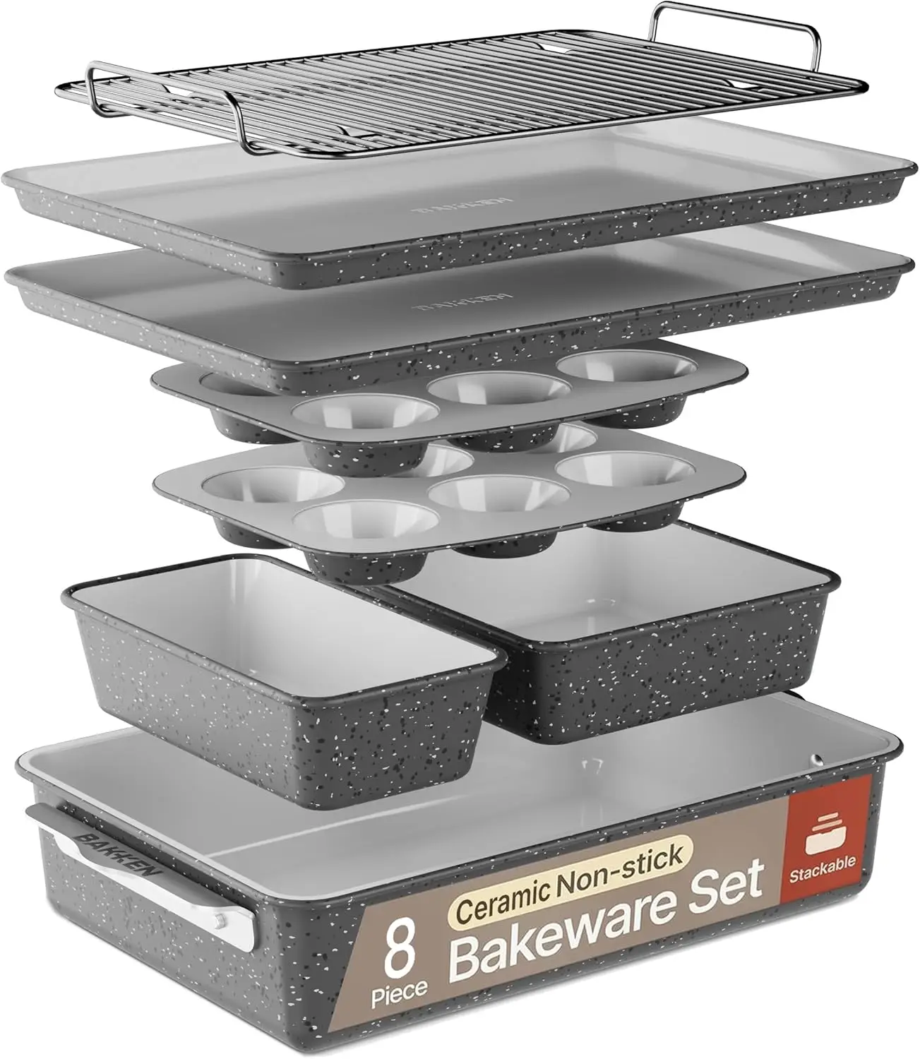 

Bakken 8-Piece Stackable Bakeware Set - Ceramic Non-Stick Coating, Baking Sheets, Assorted Baking Pans, PTFE, PFOA & PFOS Free -