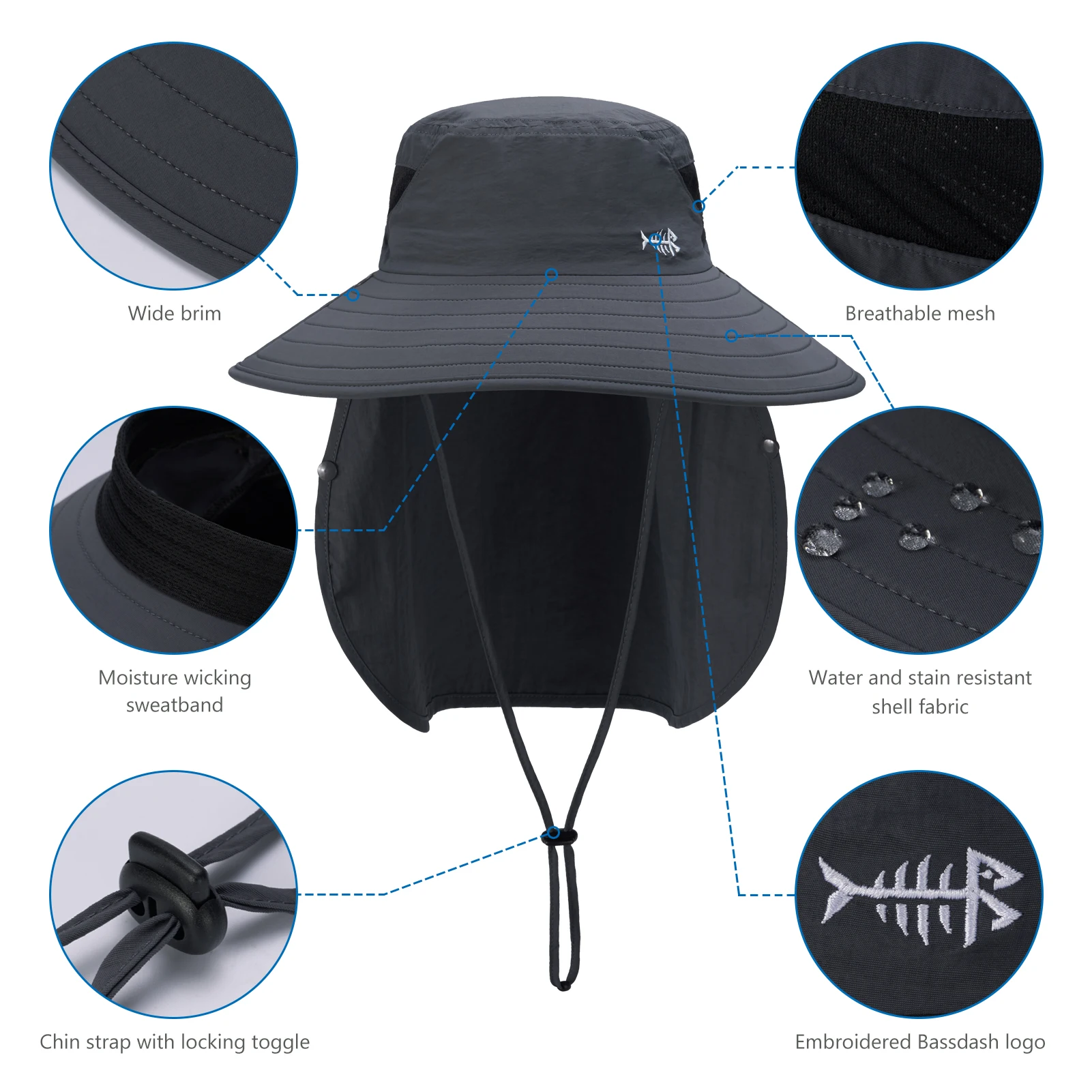 Bassdash UPF 50+ Breathable Sun Hat with Removable Face Cover and Neck Flap Unisex Water Resistant Wide Brim Bucket Hat