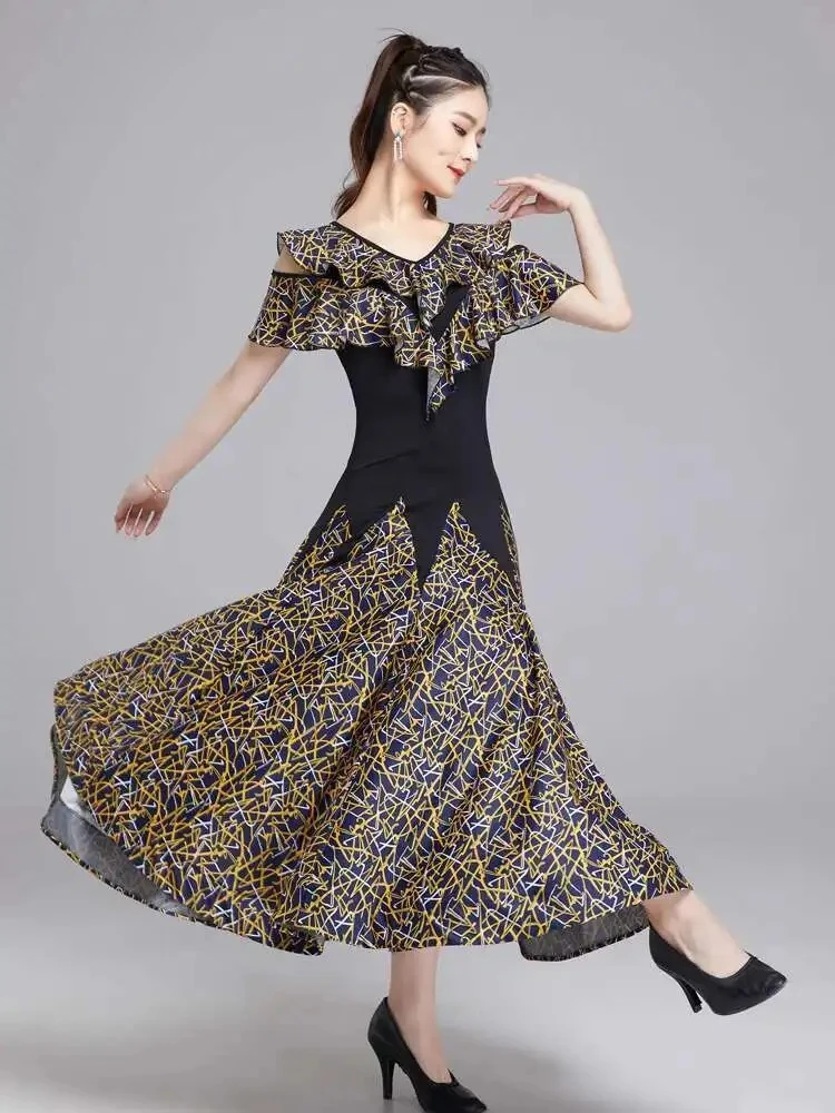 Moderne dansrok Dames Nieuwe Latin Dance Standaard Dans Wals Sociale Korte Mouw Grote Swing Rok Oefenjurk