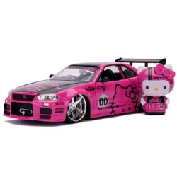 Hello Kitty Car Model Toy Anime Figure Sanrio KT Cat 1:24 Scale Pink GTR R34 Skyline Car Desktop Ornament Decoration Kid Gift