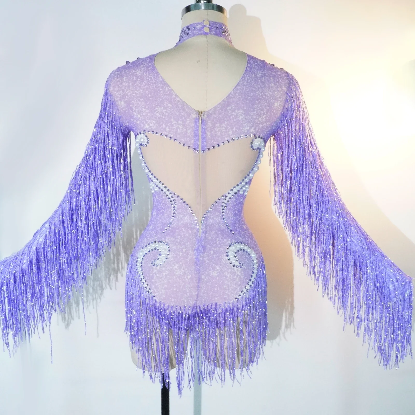 women's night club suit rhinestone fringe Long sleeves bodysuit mesh jumpsuit  Prom Pole Jazz dance Queen drag Halloween outfit