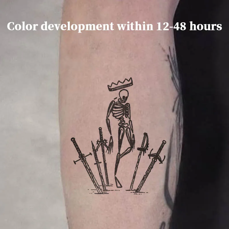 Minimalist Line Art Skeleton King Herbal Juice Tattoo Sticker Waterproof Semi-Permanent Fake Tattoo Body Art Temporary Tattoos