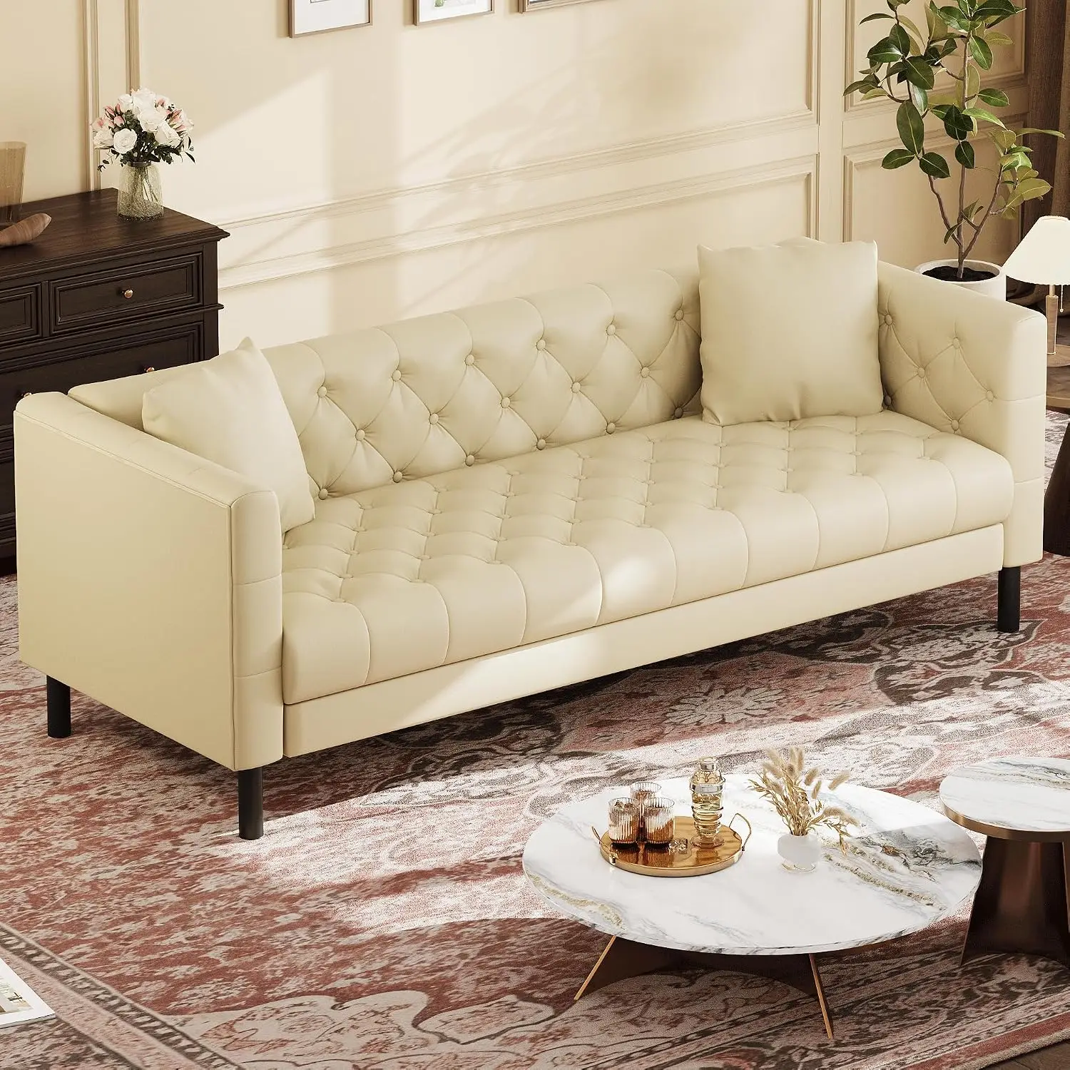 81 in Leather Couch for Living Room, Modern Sofa Couch with Deep Seat, Handmade Button Tufted 3 Seater Sofa, Leather, Custom