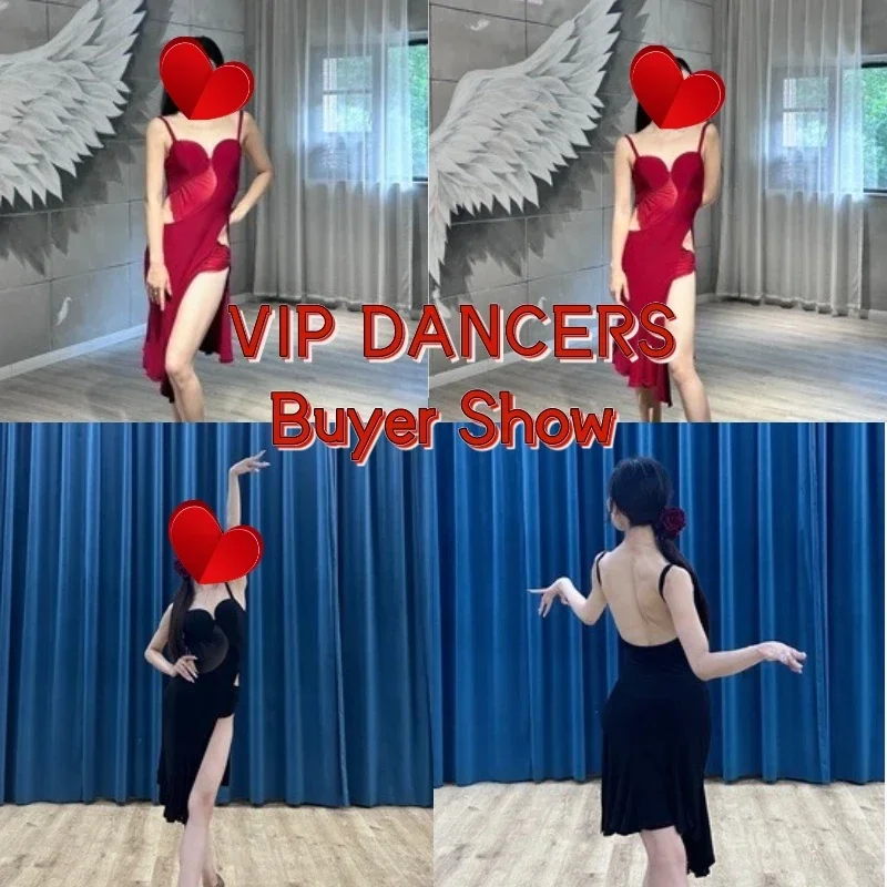 Ballroom Dance Competition Dress Stage Wear Red Black Hollow Waist Latin Dance Dress Women Sleeveless Party Dress