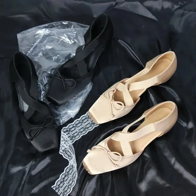 French Butterfly Knot Ballet Flats 5CM Heightening New 2026 Women's Crossed Strap Round Head Comfortable Mary Janes Shoes