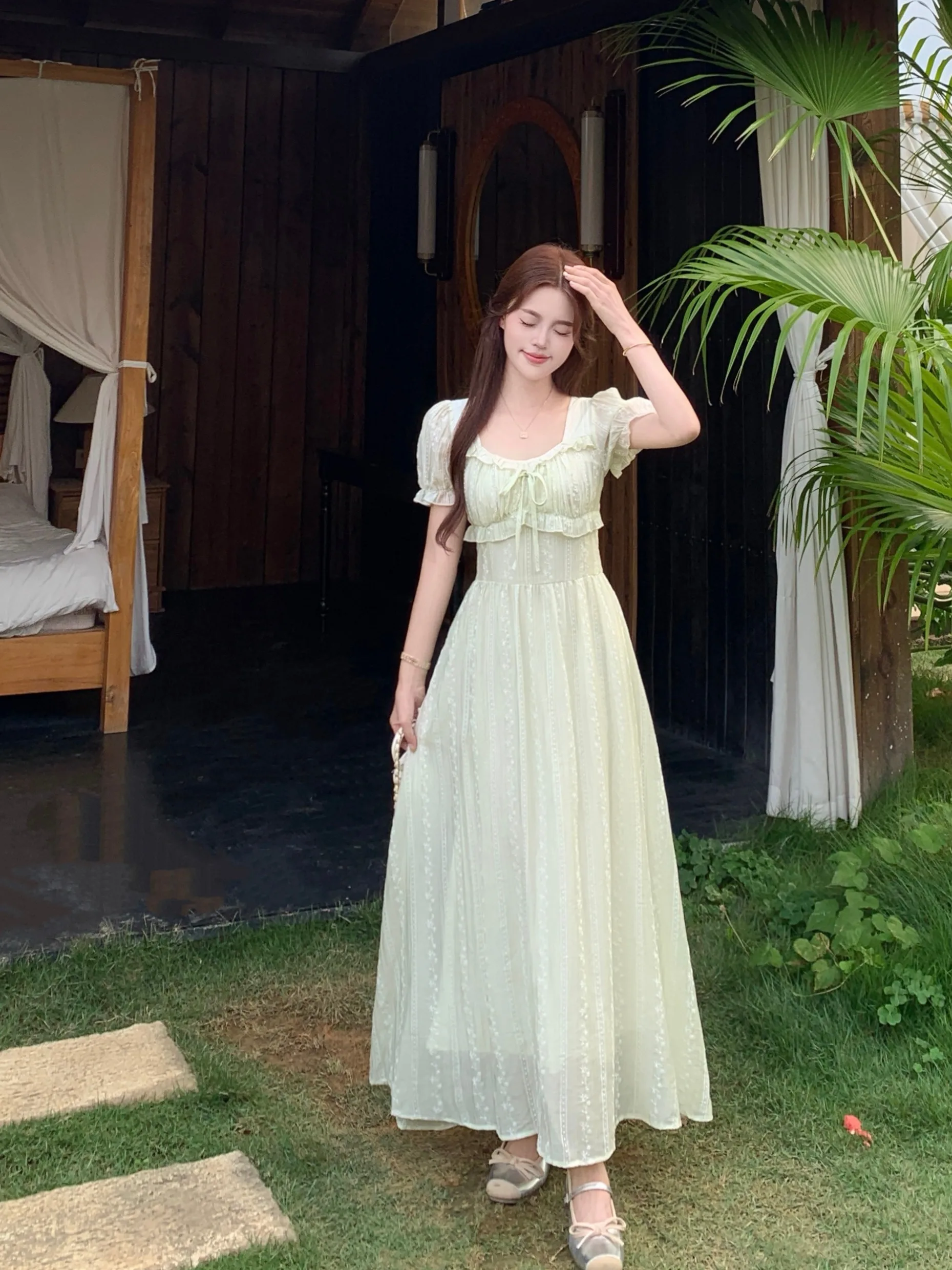 

plus Size Women's Dress Square Collar Bubble Sleeve Long Gown Waist Cinching Design Korean Style Commute Bubble Sleeve Dress