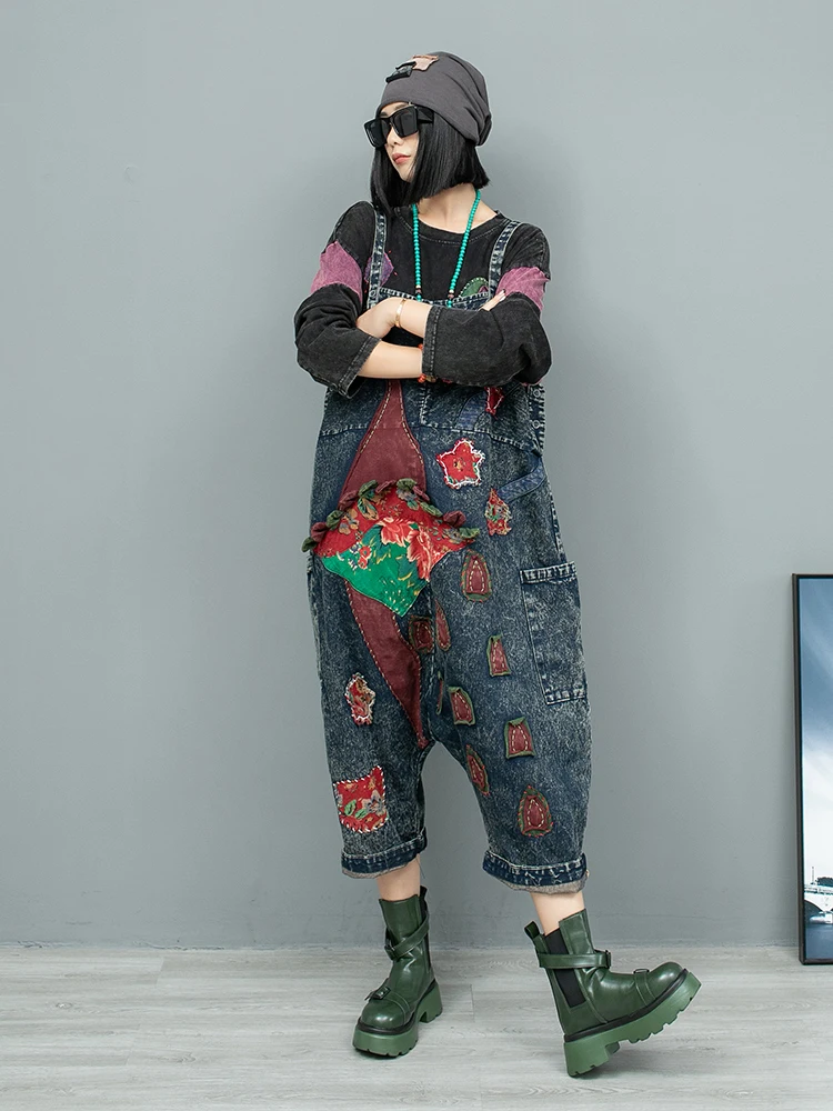 Hand Embroidered Cloth Denim Strap Pants Women 2024 Autumn Loose Age Reducing High Waist Jumpsuit LX2338