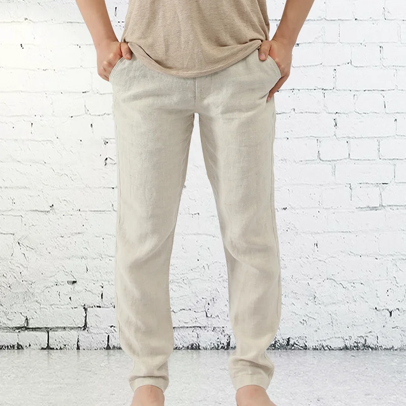 VNRY 100% Linen Men Long Pants with Pockets Breathable and Comfortable New Arrival Beige Size s-xxl fixed waist Casual Trousers