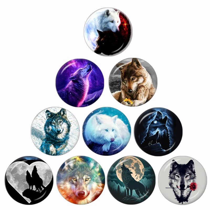 Wolf Howling Cartoon 10 Pcs 12mm/16mm/18mm/20mm/25mm/30mm Round Photo Glass Cabochon Demo Flat Back Making Finding