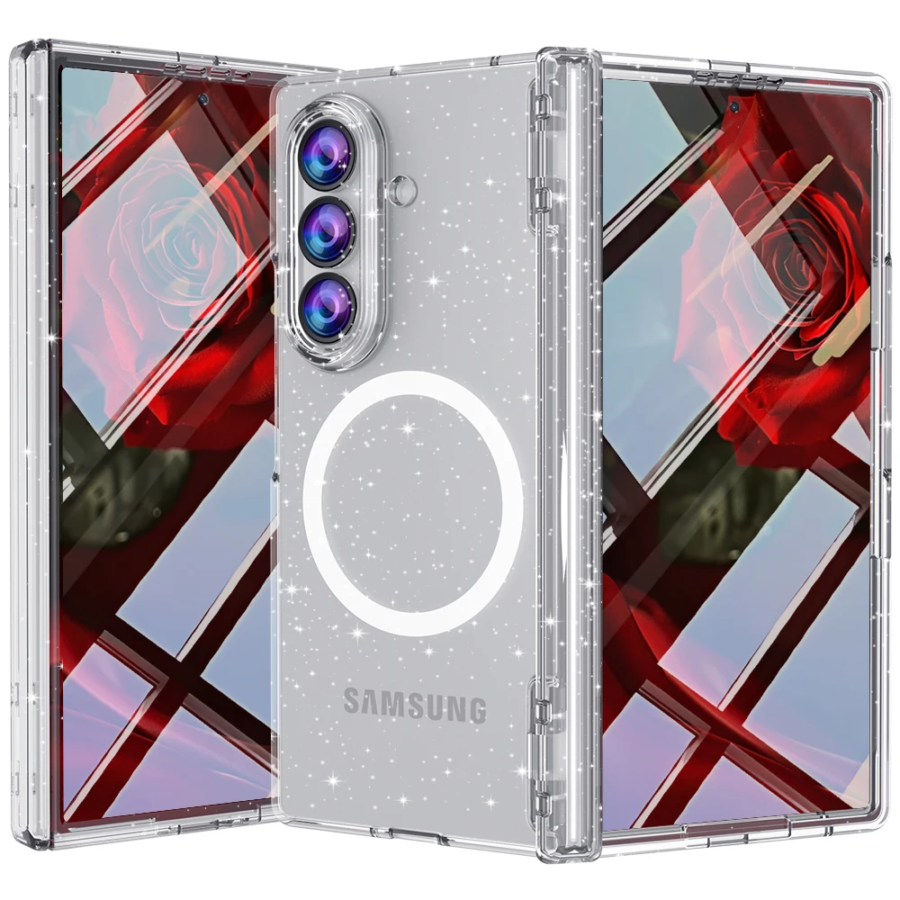 For Samsung Galaxy Z Fold 8 Ultra Case Glitter Clear Magnetic Wireless Charging Hinge With Tempered Film Shockproof Back Cover