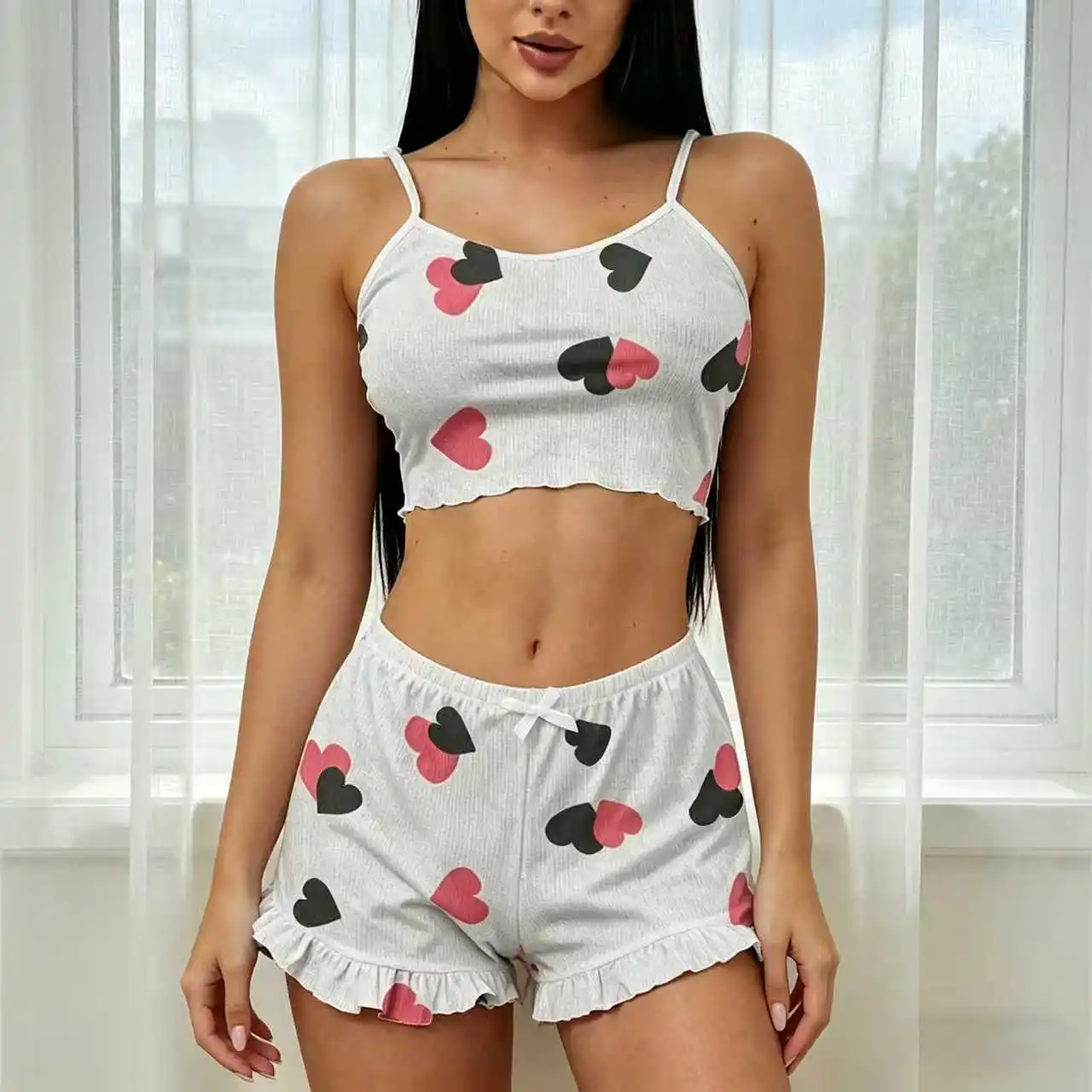 

2026 New Summer Love-Print Ribbed Loungewear Set for Women, Short Camisole with Ruffled Shorts Two-Piece Set, Suitable for Going Out or as Sleepwear