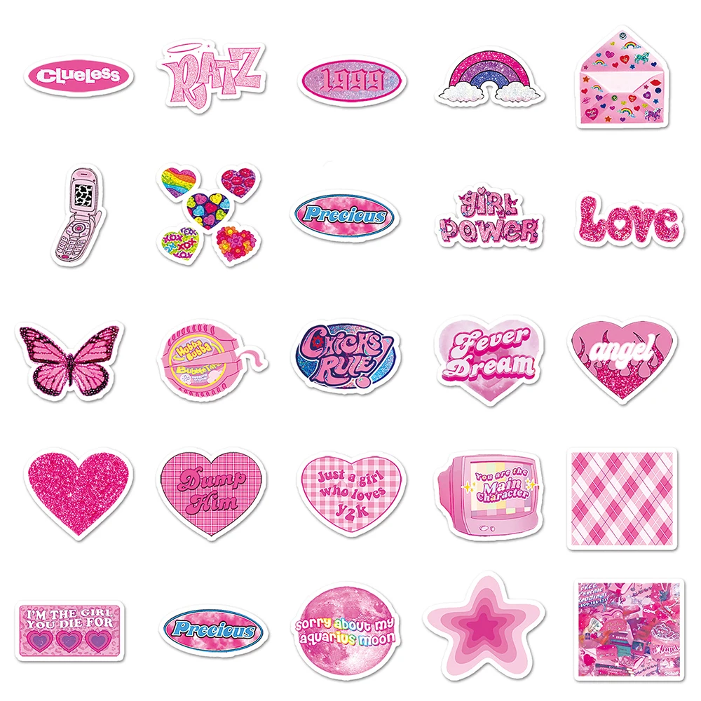 10/30/50pcs Aesthetic INS Pink Y2K Decoration Stickers Graffiti Decal Toy DIY Kid Luggage Diary Car Cute Vinyl Sticker Wholesale