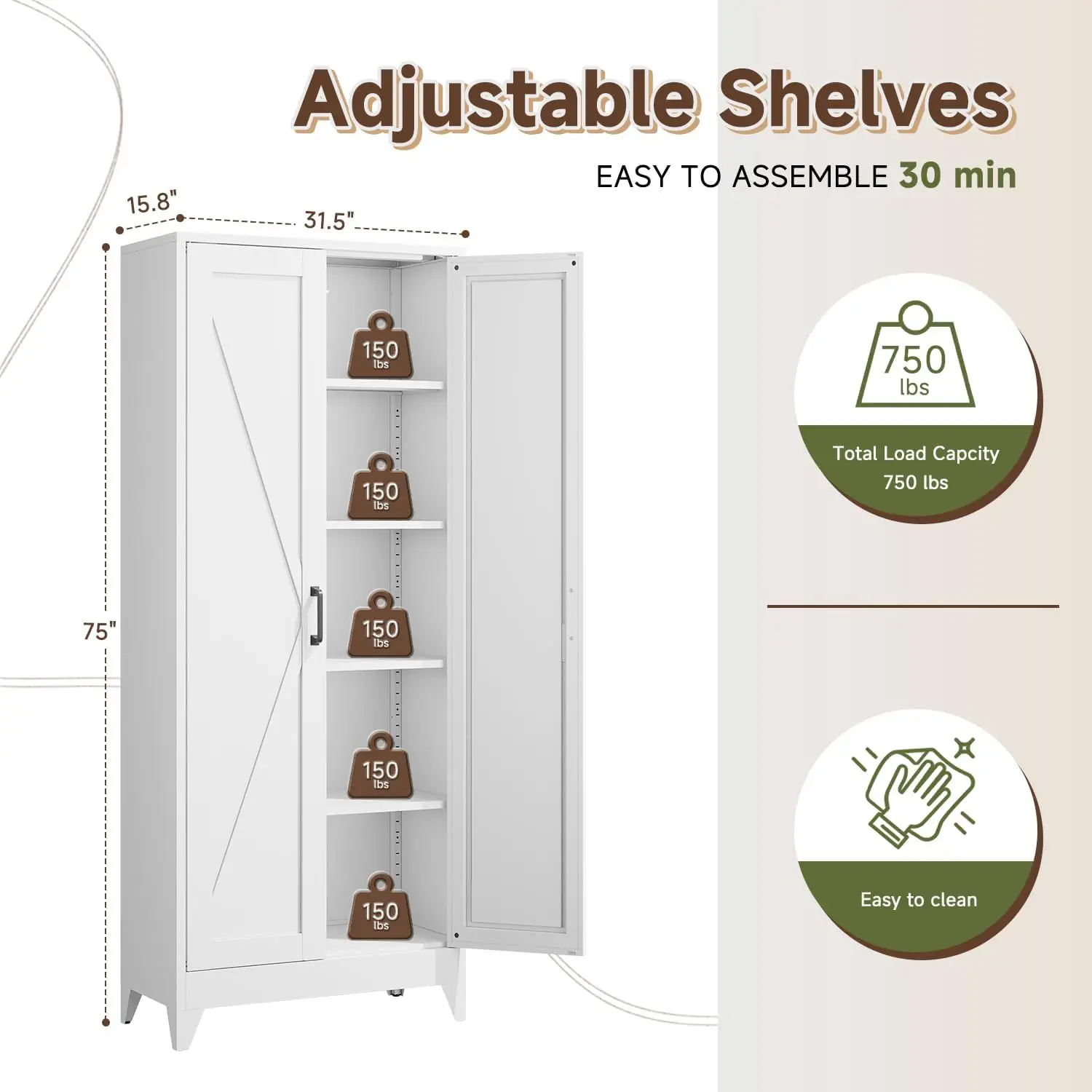 Tall Metal Storage Cabinet, Freestanding Kitchen Pantry Cupboard With Two Doors And Four Adjustable Shelves, Multipurpose Utility Organizer For Home Office Garage And Laundry Room, Modern Farmhouse, White