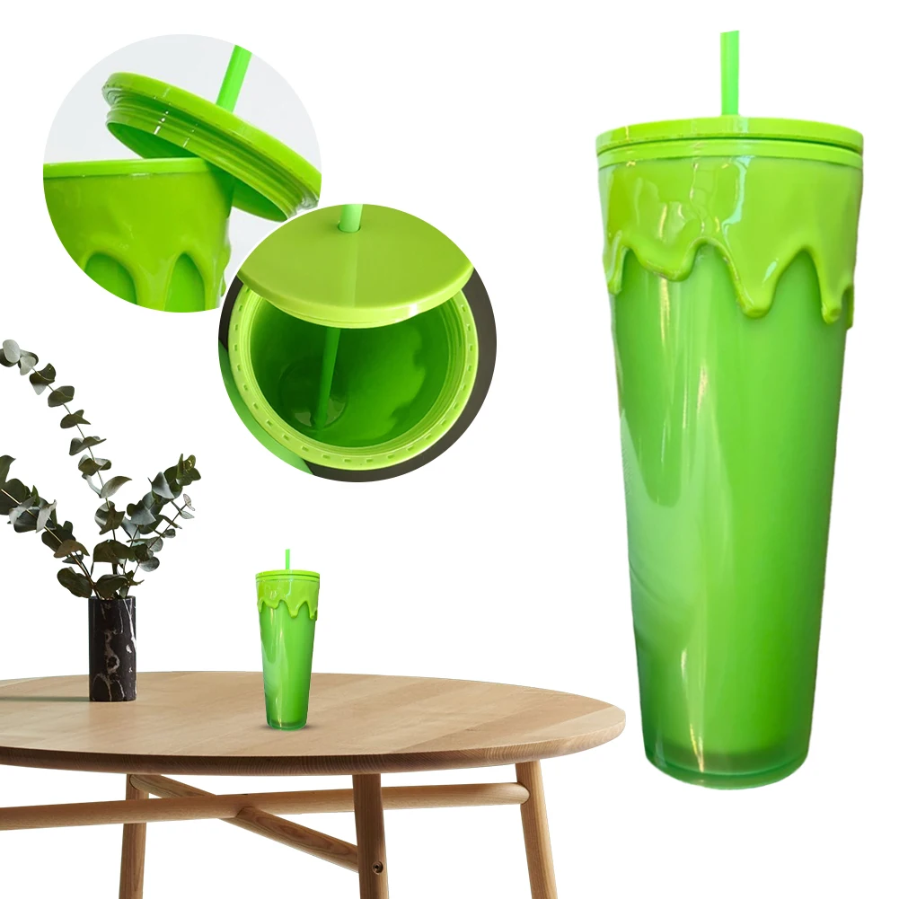 

24oz/710ml Sippy Cup Double Layer Slime Green Glow In The Dark Tumbler Cup Working Commuting/Car Cup with Straw&Lid Holiday Gift