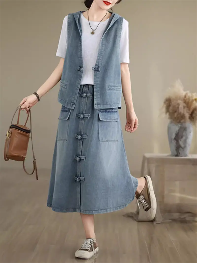 Retro Chinese Style Denim Vest Skirt Outfits 2024 Summer Loose Oversized Women's Clothing Jeans Skirt Suit Two Piece Set K1566