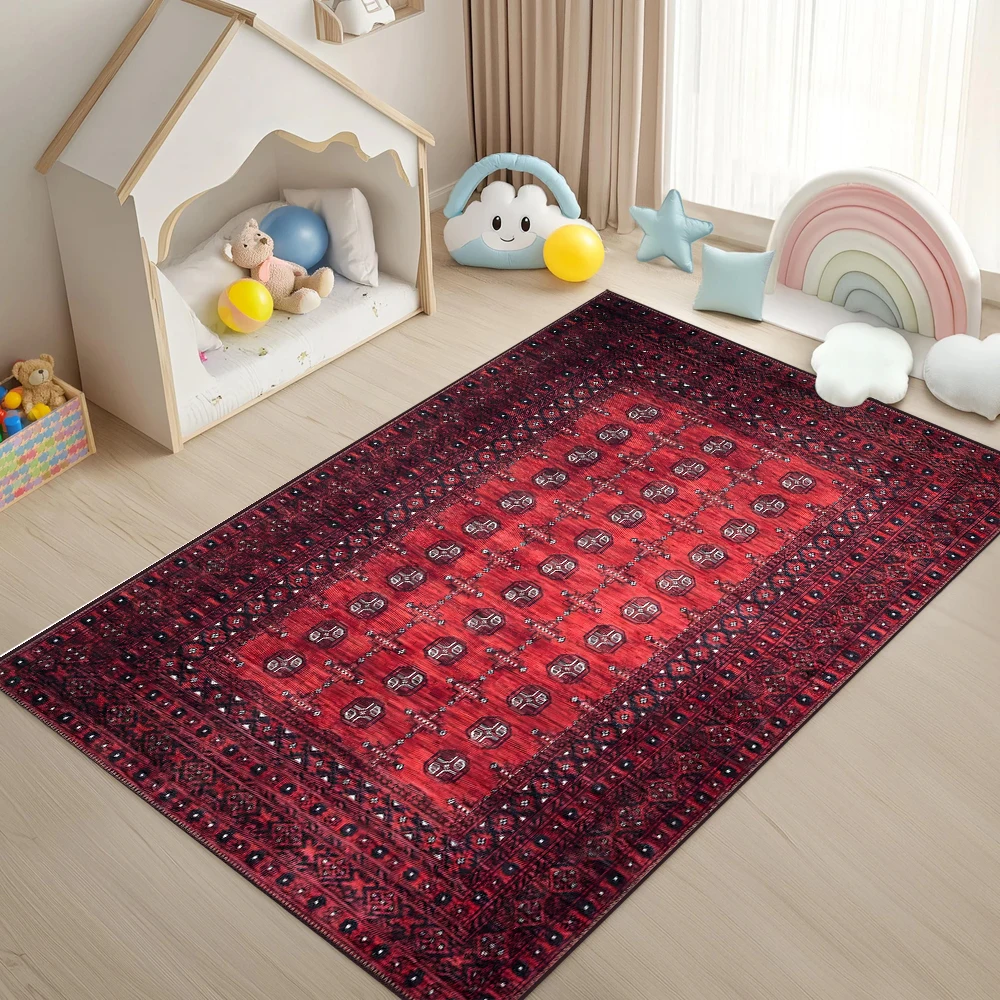 Burgundy Vintage Ethnic Geometric Pattern Carpet Traditional Decorative Non-Slip Soft Mat for Living Room Bedroom Home Decor