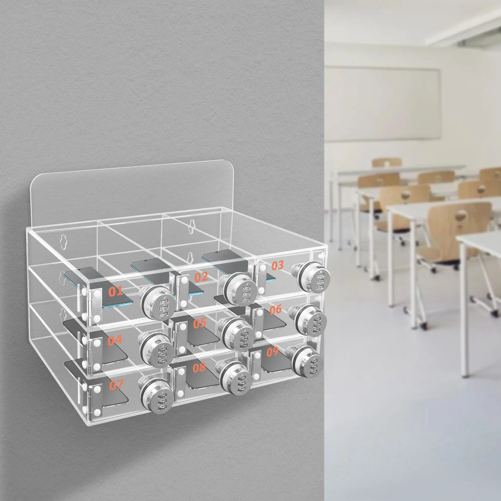 

Acrylic Mobile Phone Cabinet 31.3x18.5x16.6 9-cell Independent Password Lock Wall-mounted Desktop Dual-use Storage Box.