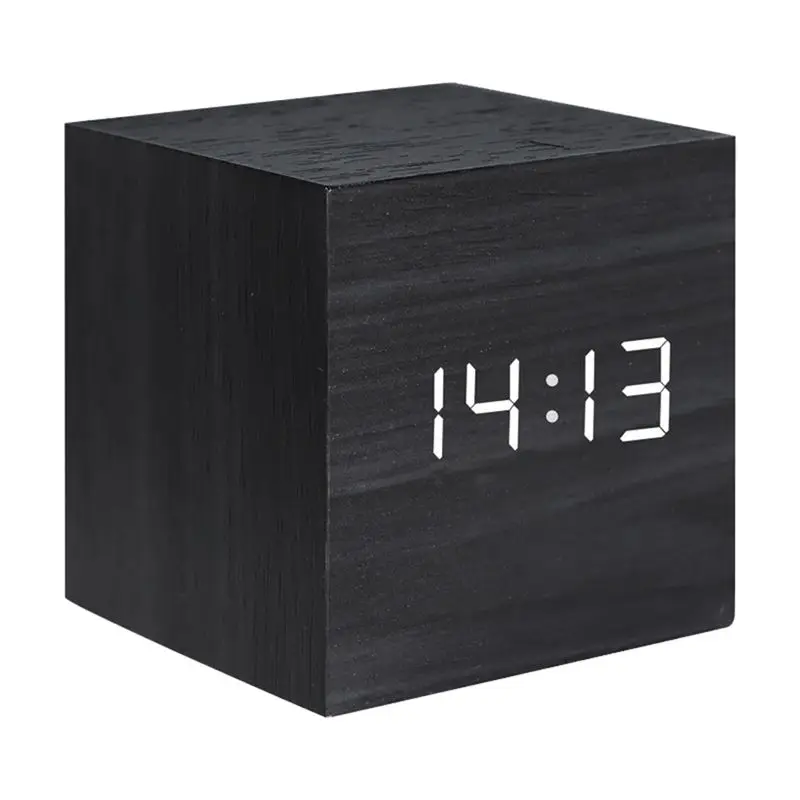 ABGG-Wooden LED Digital Alarms Clock Square Shape Retro Style Luminous Clock Bedside Table Desktop Mini Digital Clock