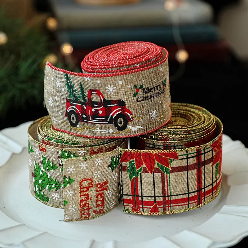 2m Lmitation Linen Christmas Ribbon Decoration Red Black and White Plaid Bow Snowflake Ribbon Christmas Webbing DIY Navidad