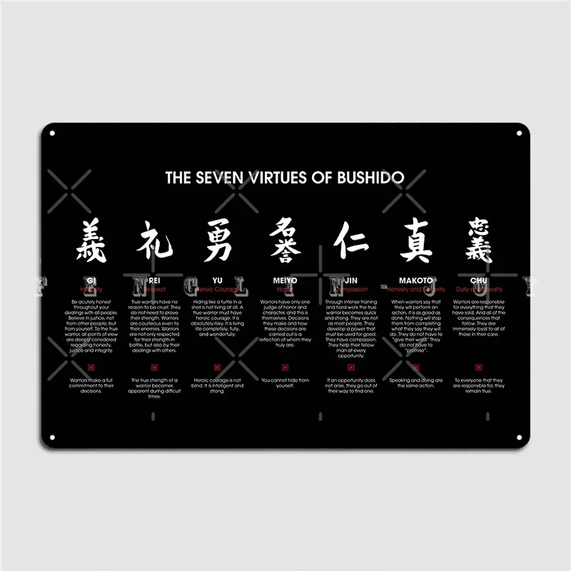 

The 7 Virtues Of Bushido White Text Poster Metal Plaque Cinema Living Room Bar Cave Printing Poster Tin Sign Posters