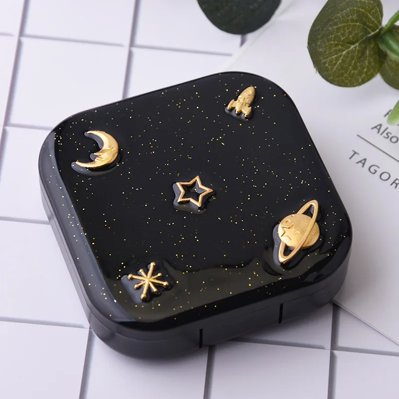 New Black Starry Sky Series Contact Lens Care Box with Mirror School Travel Portable Color Contact Lenses Duplex Case Organizer