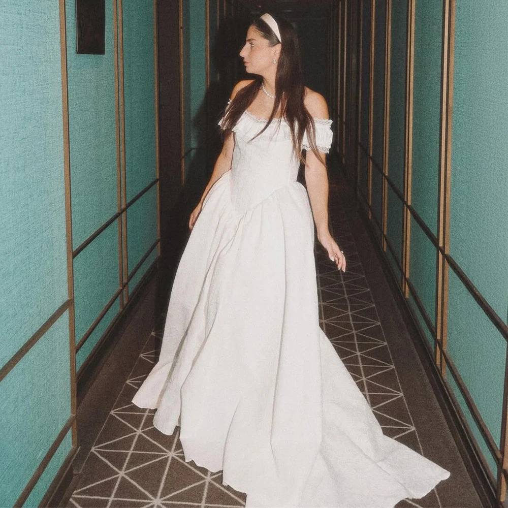 

Customized Off Shoulder Wedding Dress Satin Bridal Dress Short Puff Sleeve A Line Floor Length Bridal Gown For Modern Brides