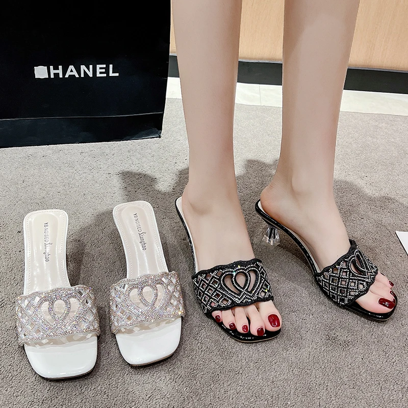 

Women's Temperament Stiletto Slippers Summer Round-headed Crystal Diamond-encrusted Non-slip Wear-resistant High-heeled Slippers