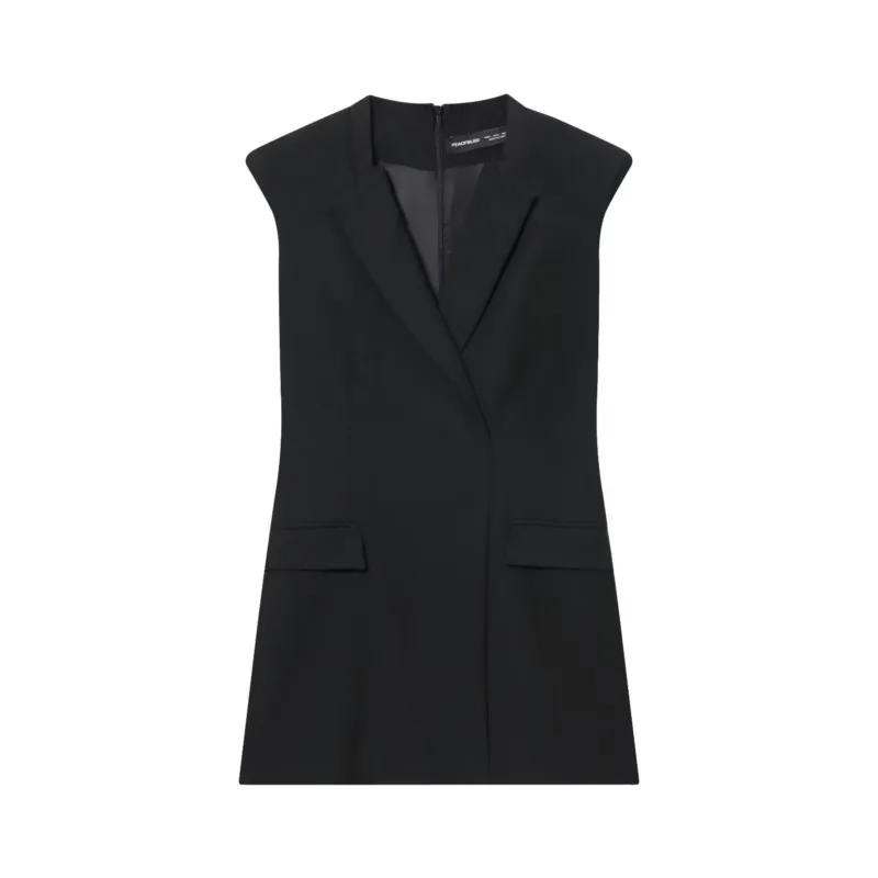 힙심 여성용 패드 숄더 가을 노치드 슬리브리스 미디 드레스 오피스 레이디 여성 시크 드레스