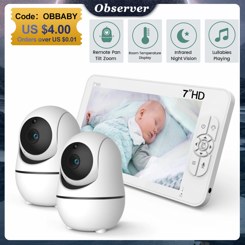 7.0 Inch Video Baby Monitor with 2pcs Cameras HD Split Screen Pan Tilt 4X Zoom 2 Way Audio 4000mAh Battery IR Babysitter SM70